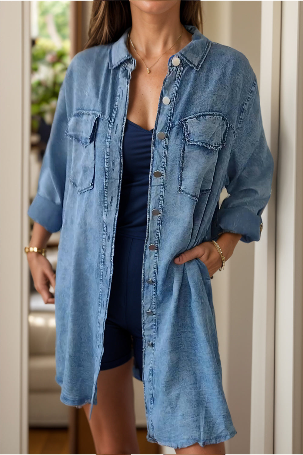 Denim Long Sleeve Pocketed Button Up Full Size Long Shirt
