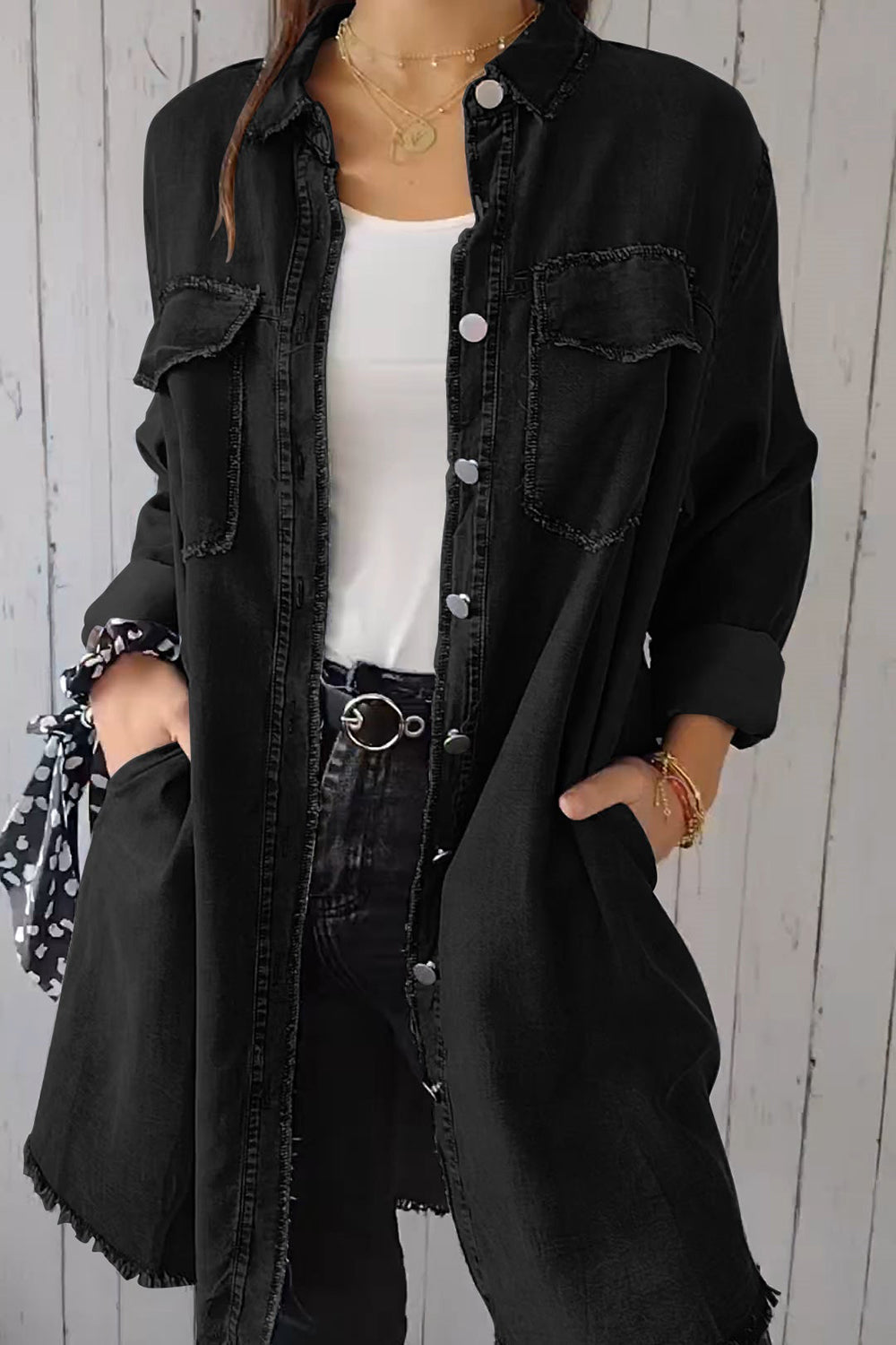 Denim Long Sleeve Pocketed Button Up Full Size Long Shirt