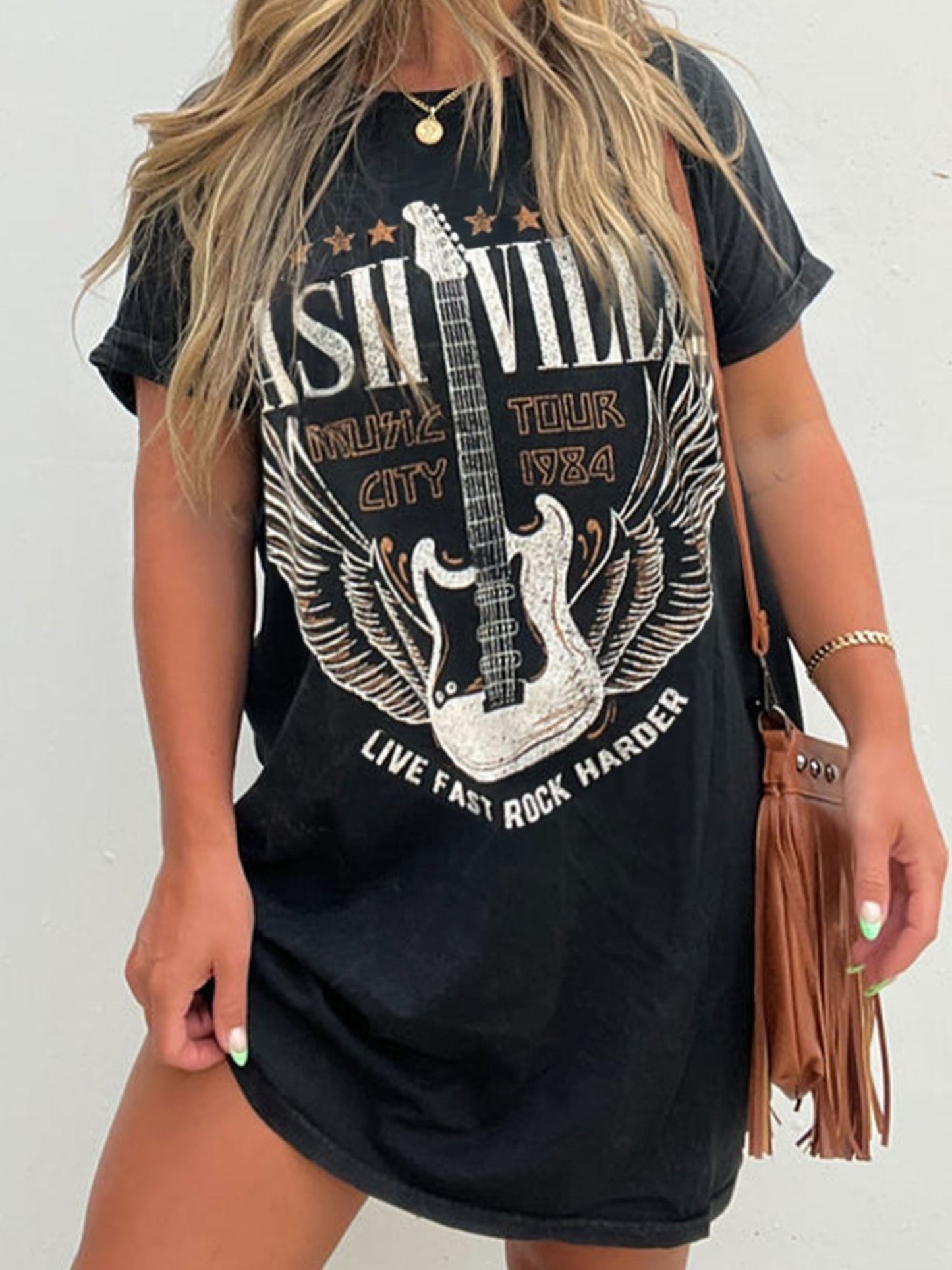 Nashville Graphic Round Neck Short Sleeve Western Style Shirt Dress With Pockets