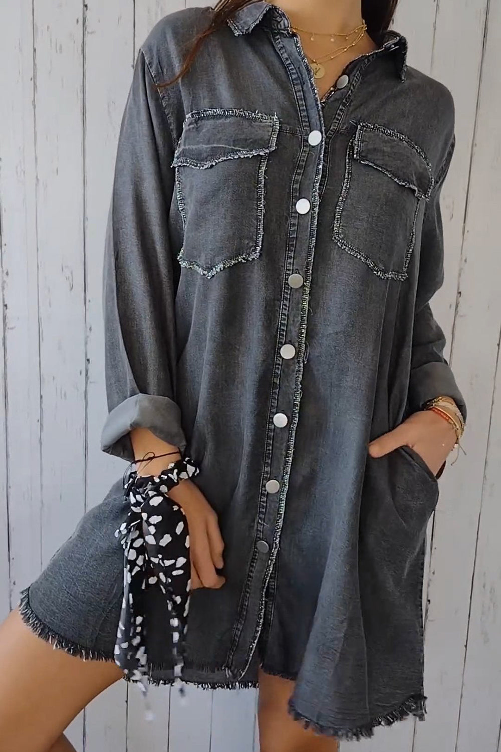 Denim Long Sleeve Pocketed Button Up Full Size Long Shirt