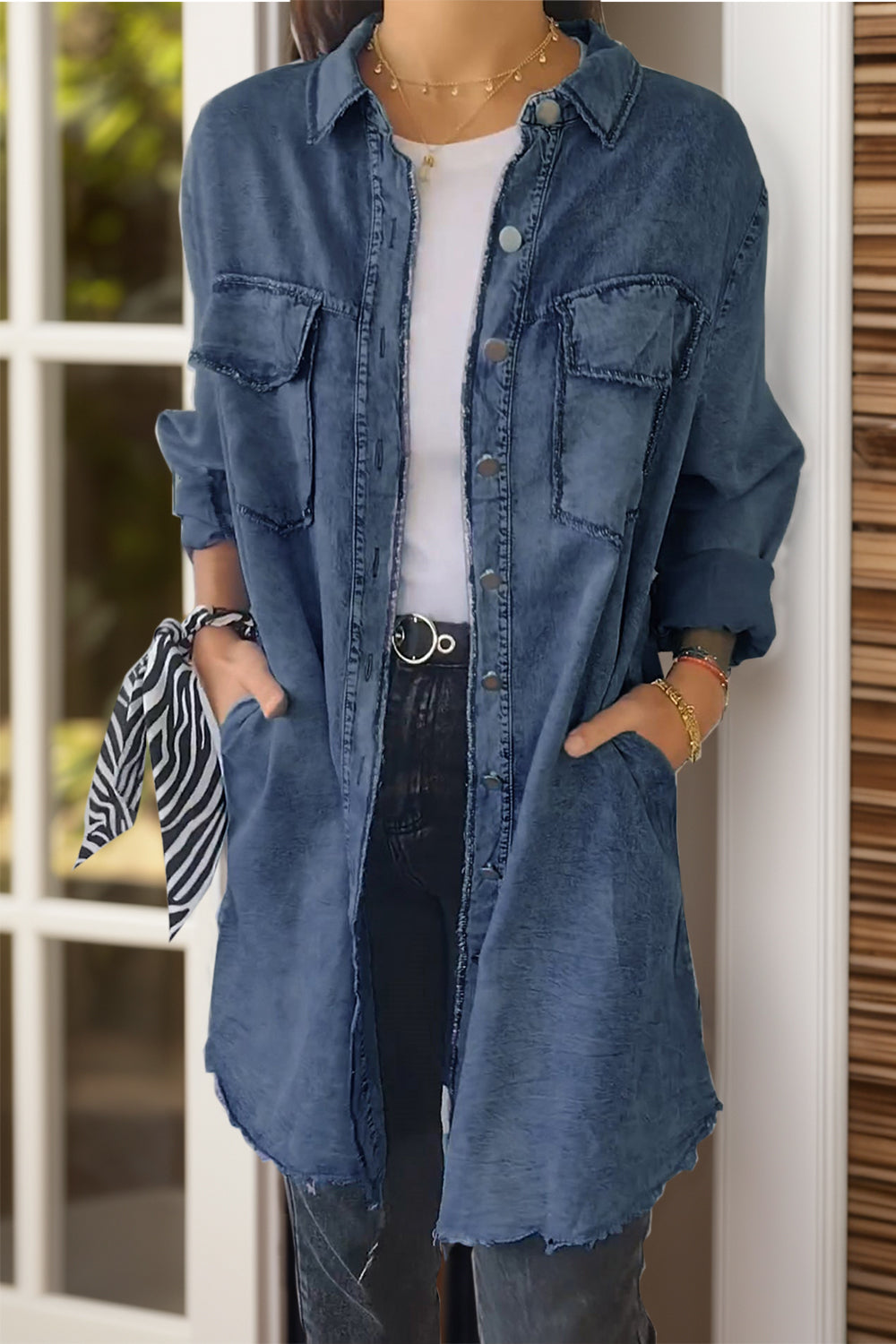 Denim Long Sleeve Pocketed Button Up Full Size Long Shirt