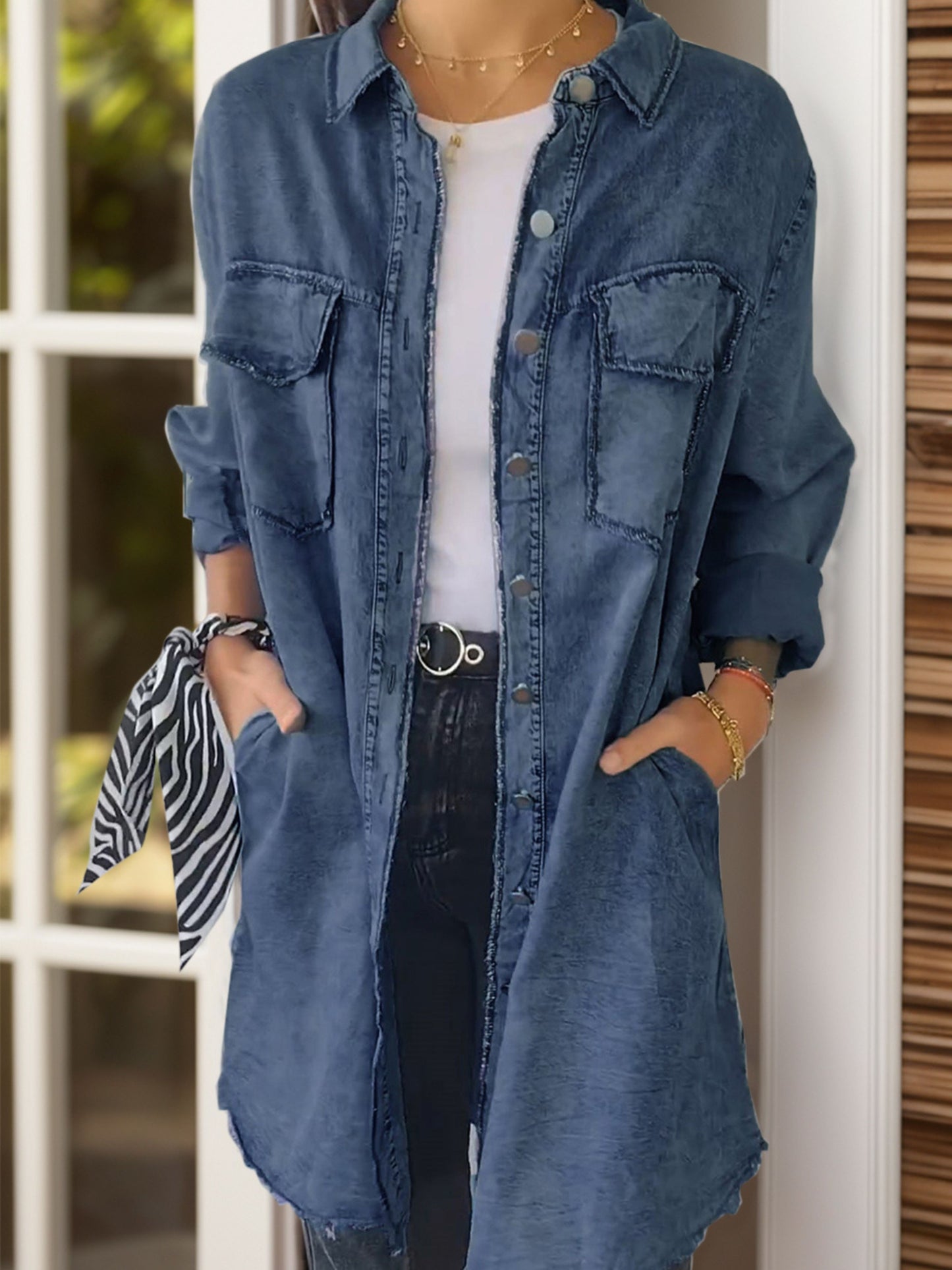 Denim Long Sleeve Pocketed Button Up Full Size Long Shirt