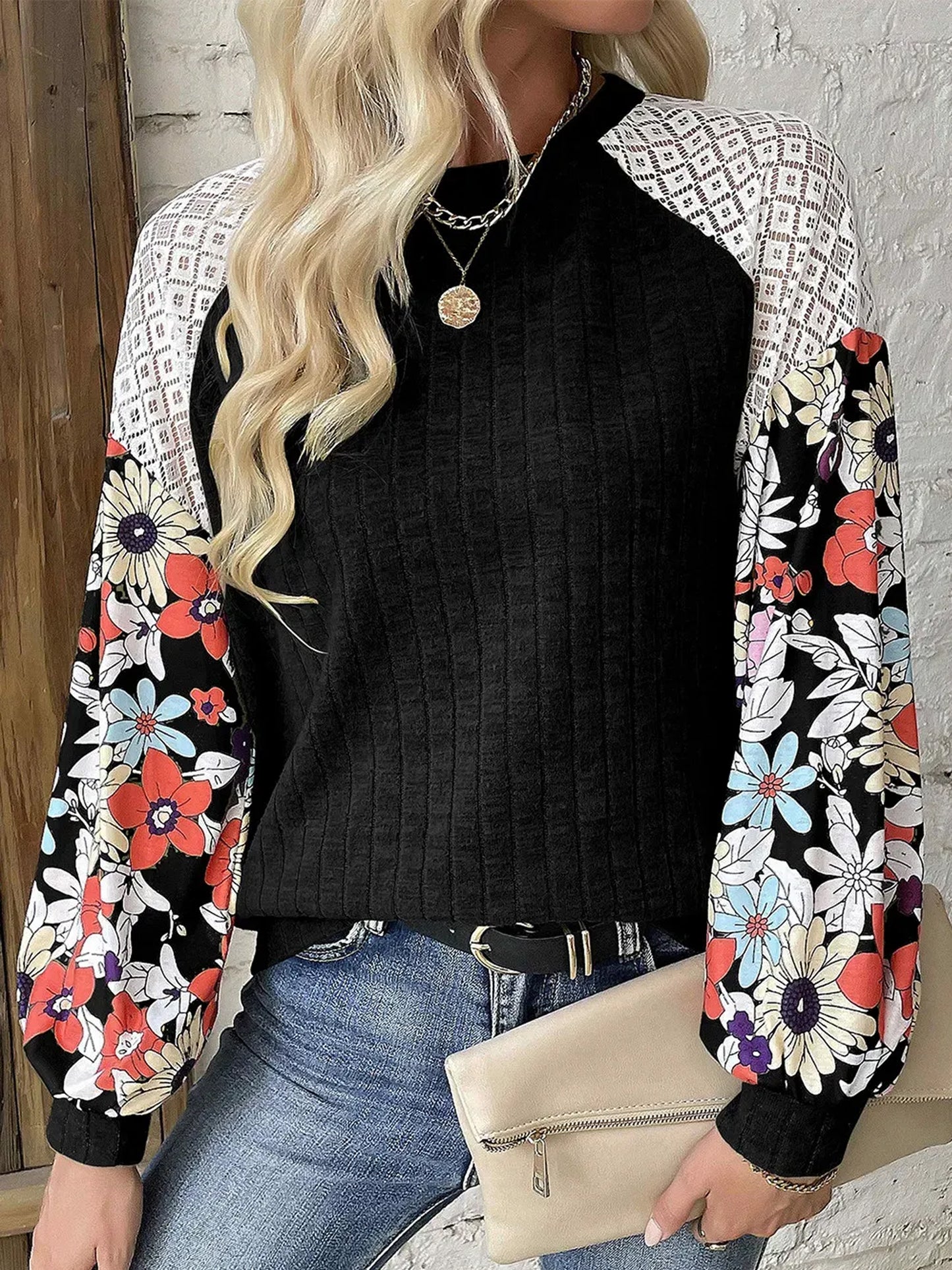 Printed Round Neck Long Sleeve Top