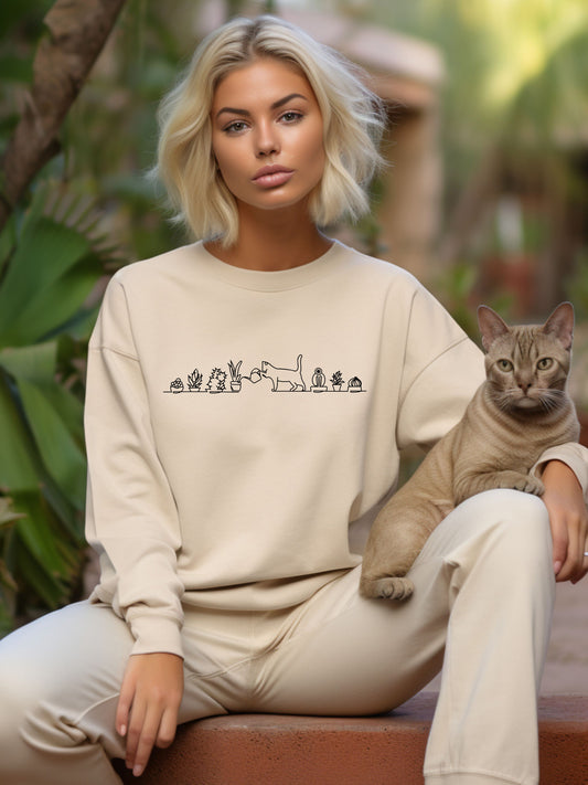 Cat Watering Plants - Crewneck Relaxed Fit Sweatshirt Sand