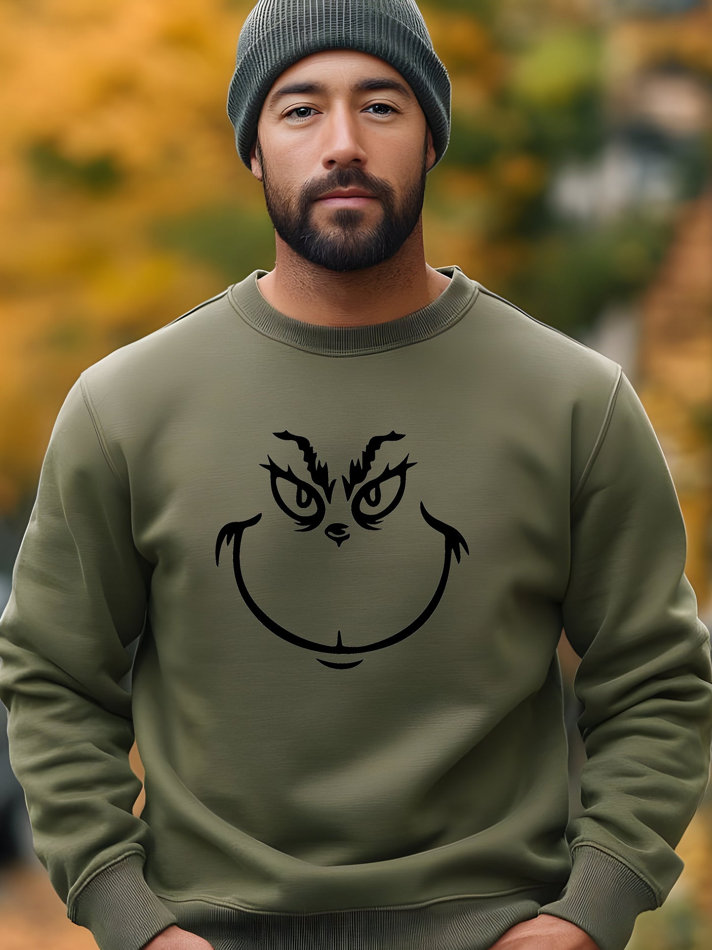 The Grinch Face - Crewneck Relaxed Fit Sweatshirt - Military Green