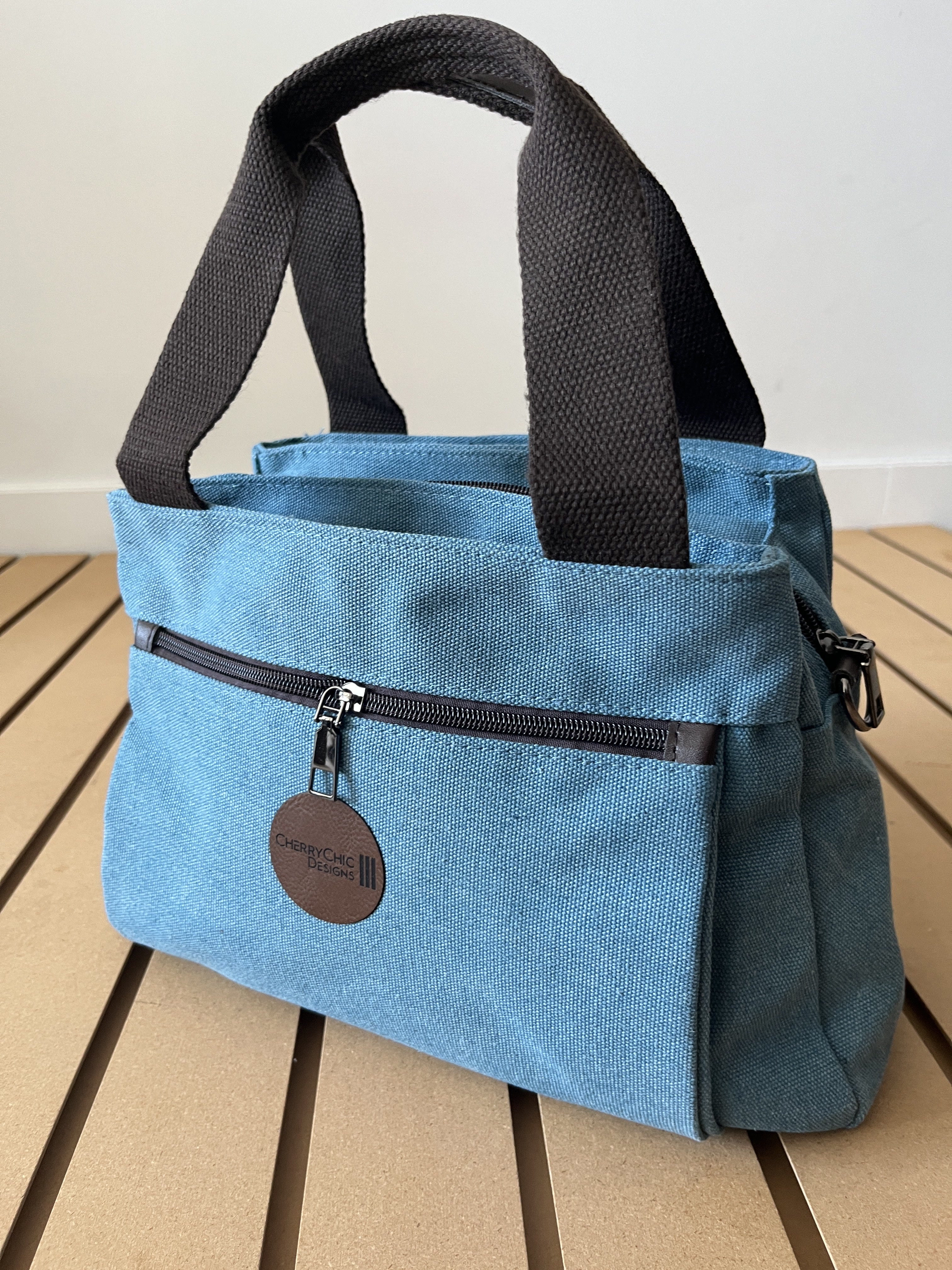 1pc Canvas Storage Bag, Minimalist Blue Shopper Bag With Wheel For