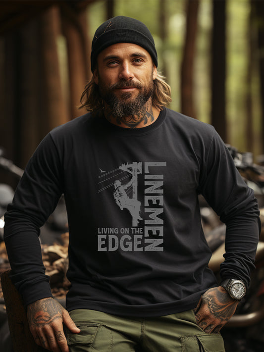 Power Lineman Shirt - Lineman Living on the Edge - Ultra Cotton Relaxed Fit Long Sleeve T-shirt - Black