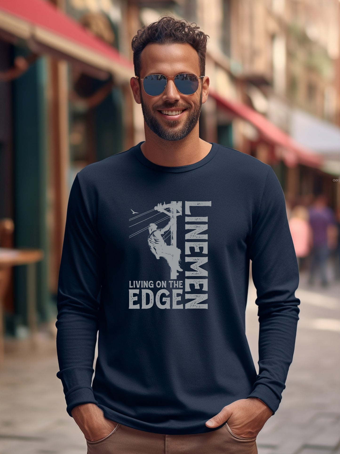 Power Lineman Shirt - Living on the Edge - Softstyle Long Sleeve T-shirt - Navy