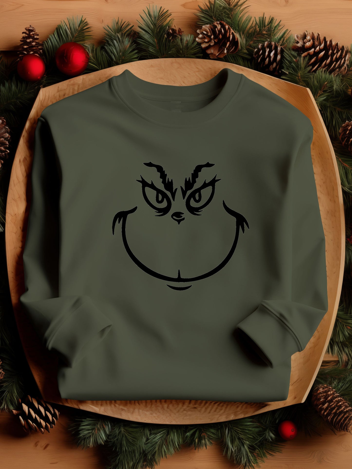 Grinch Face - Crewneck Relaxed Fit Sweatshirt - Military Green