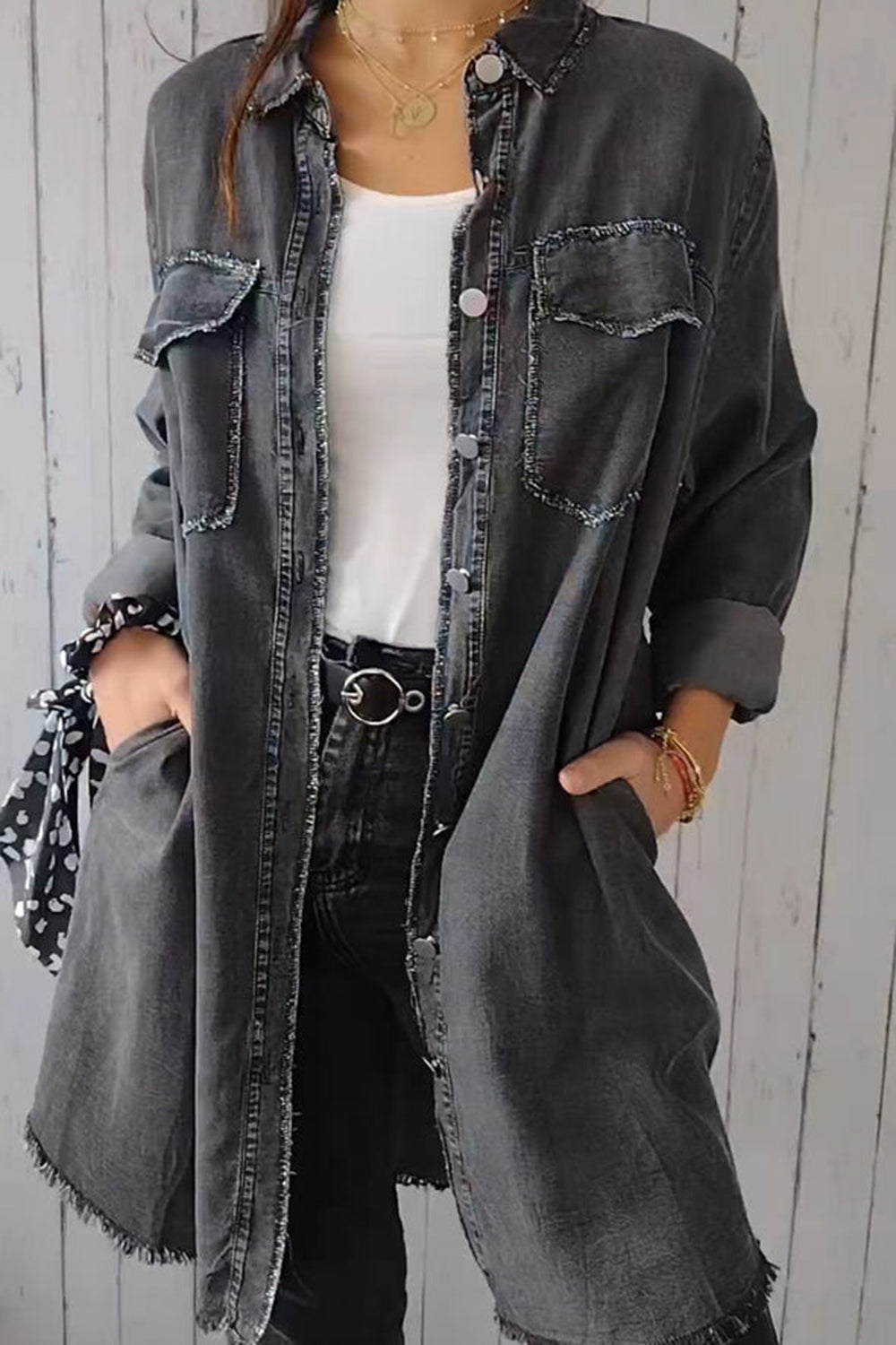 Denim Long Sleeve Pocketed Button Up Full Size Long Shirt