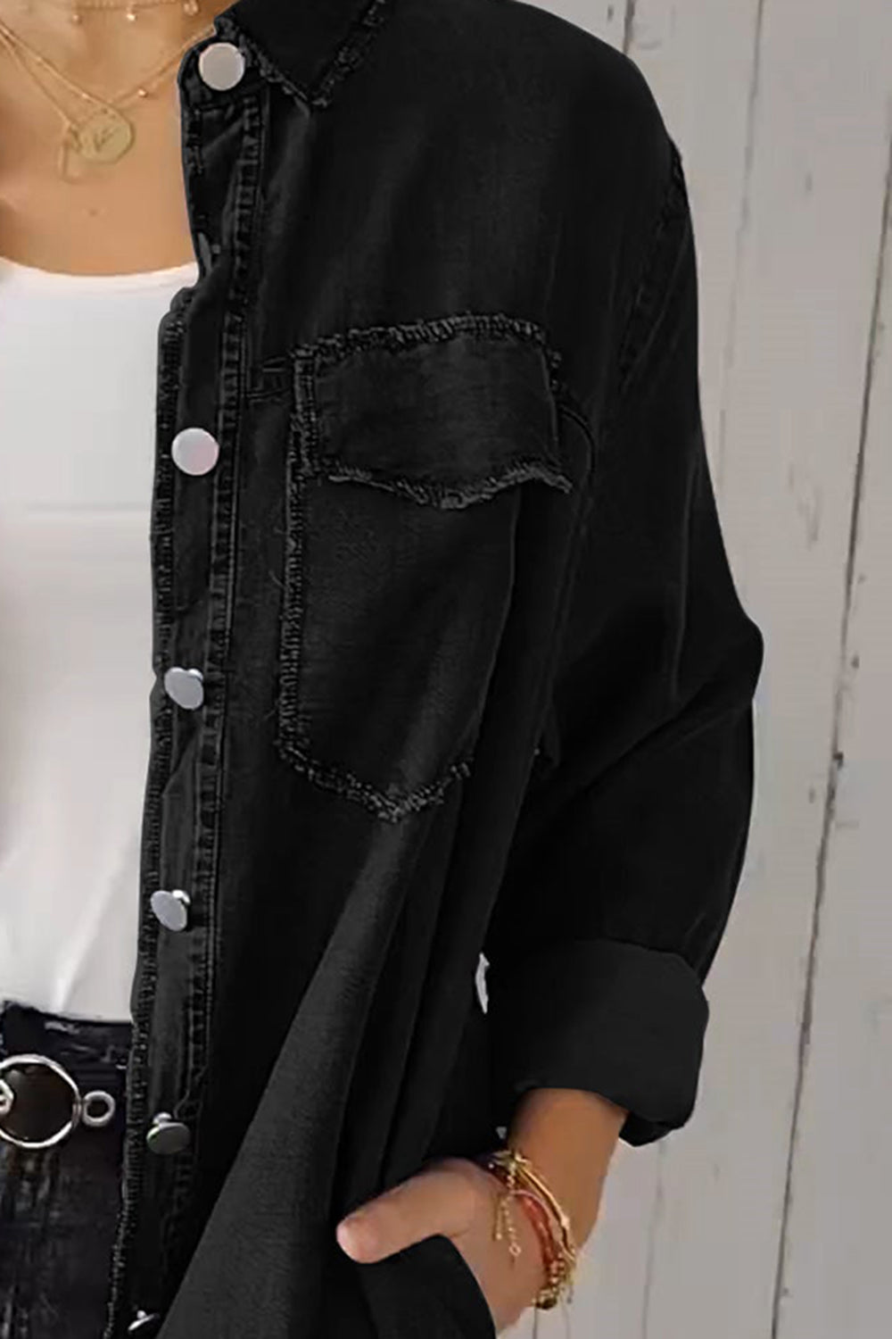 Denim Long Sleeve Pocketed Button Up Full Size Long Shirt