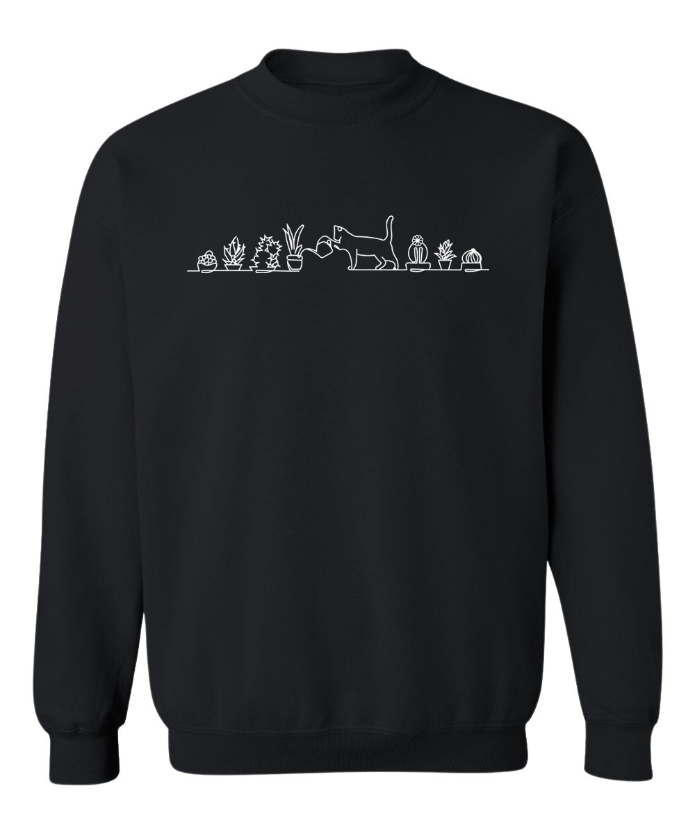Cat Watering Plants - Crewneck Relaxed Fit Sweatshirt Black