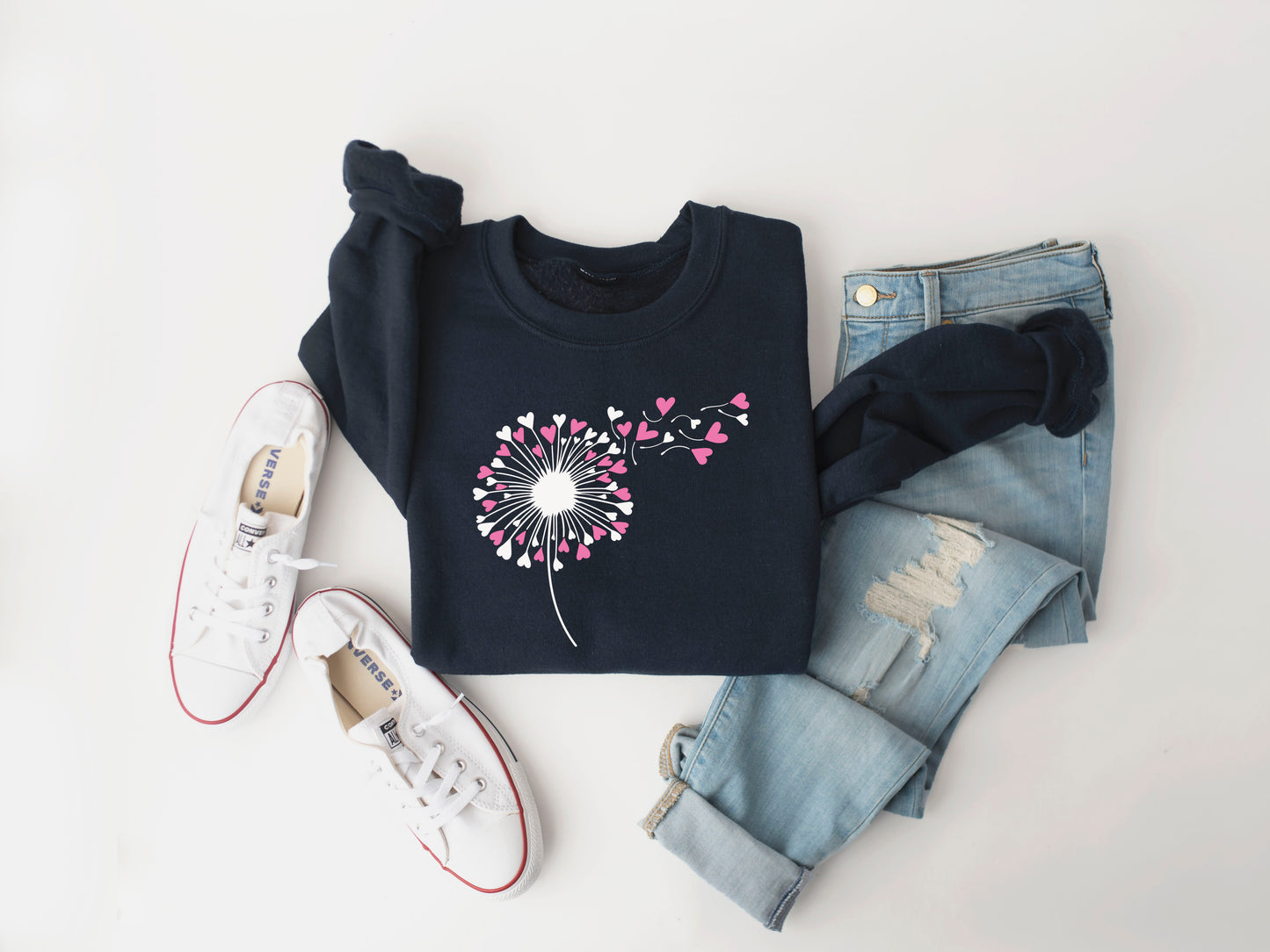 Dandelion Hearts (pink & white) Valentine - Crewneck Relaxed Fit Sweatshrit