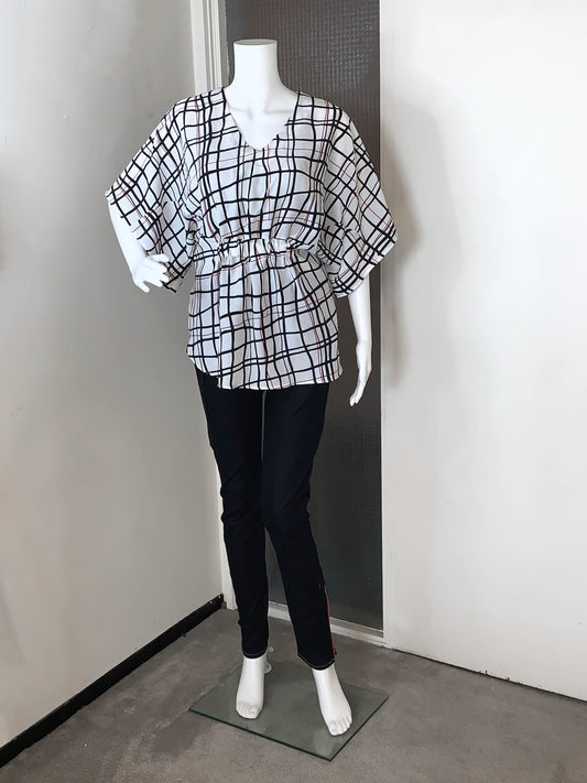 White, Black & Red Stripe Kimono Top