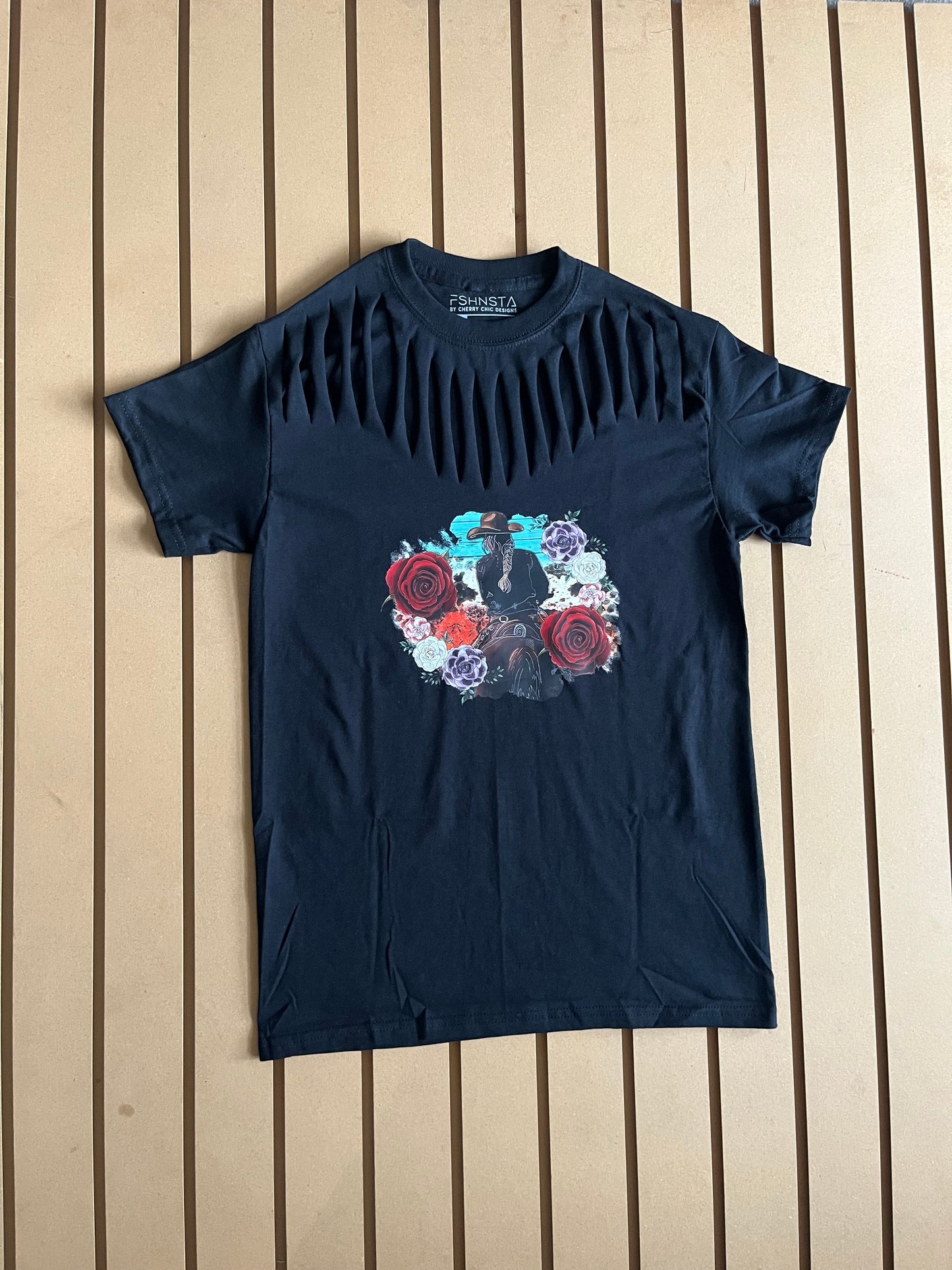 Cowgirl & Roses - Relaxed Fit Distress Tee - Black