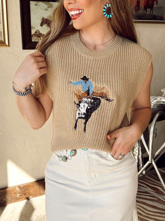 Western Cowboy Embroidery Round Neck Sleeveless Sweater
