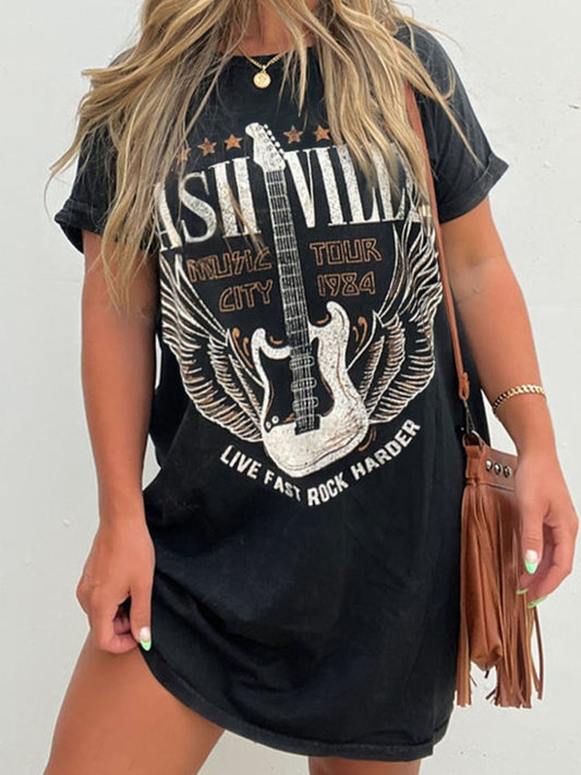 Nashville Graphic Round Neck Short Sleeve Western Style Tee Dress