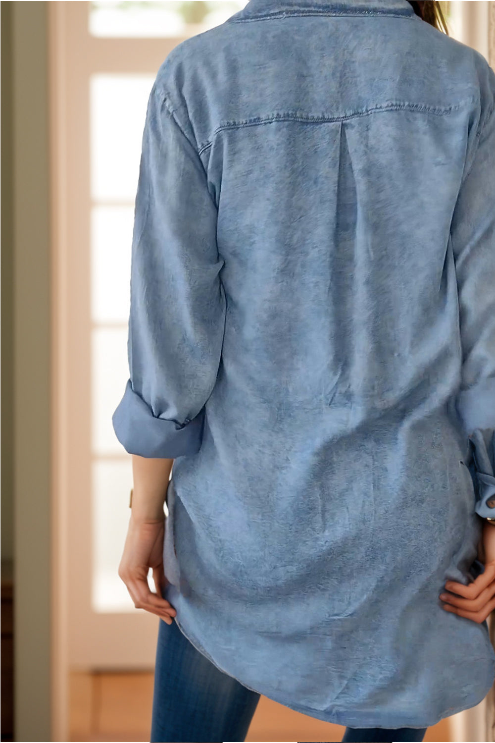 Denim Long Sleeve Pocketed Button Up Full Size Long Shirt