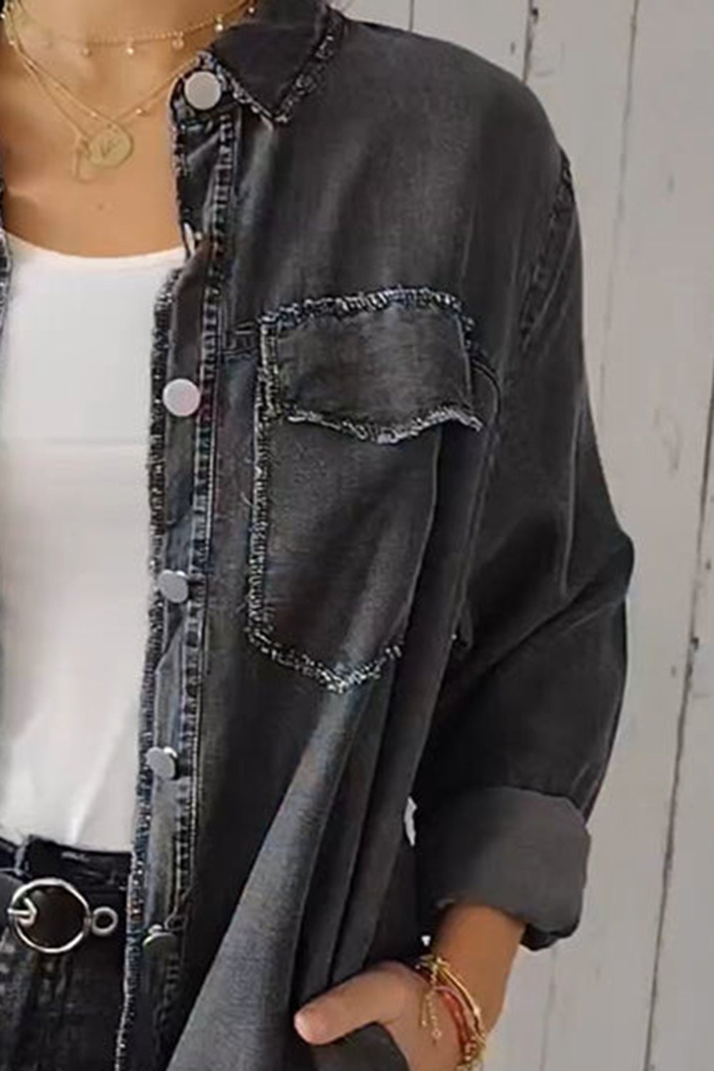 Denim Long Sleeve Pocketed Button Up Full Size Long Shirt