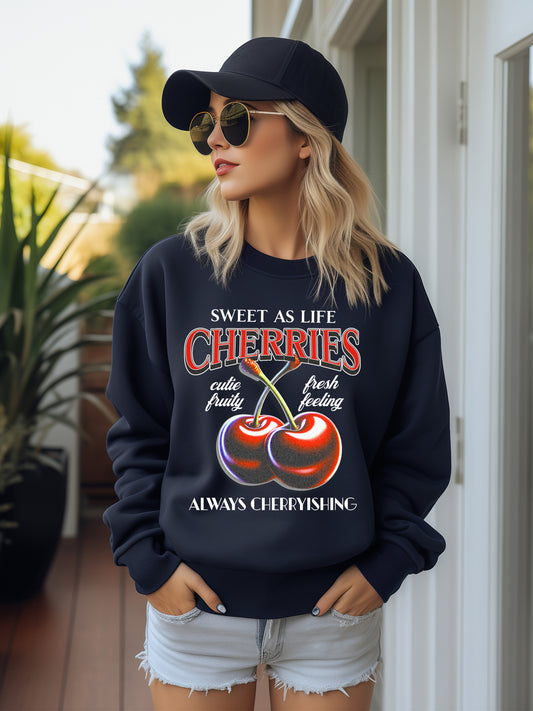 Always Cherryishing Cherries Graphic Relaxed Fit Unisex Crewneck Sweatshirt Black - Gosh Valentine