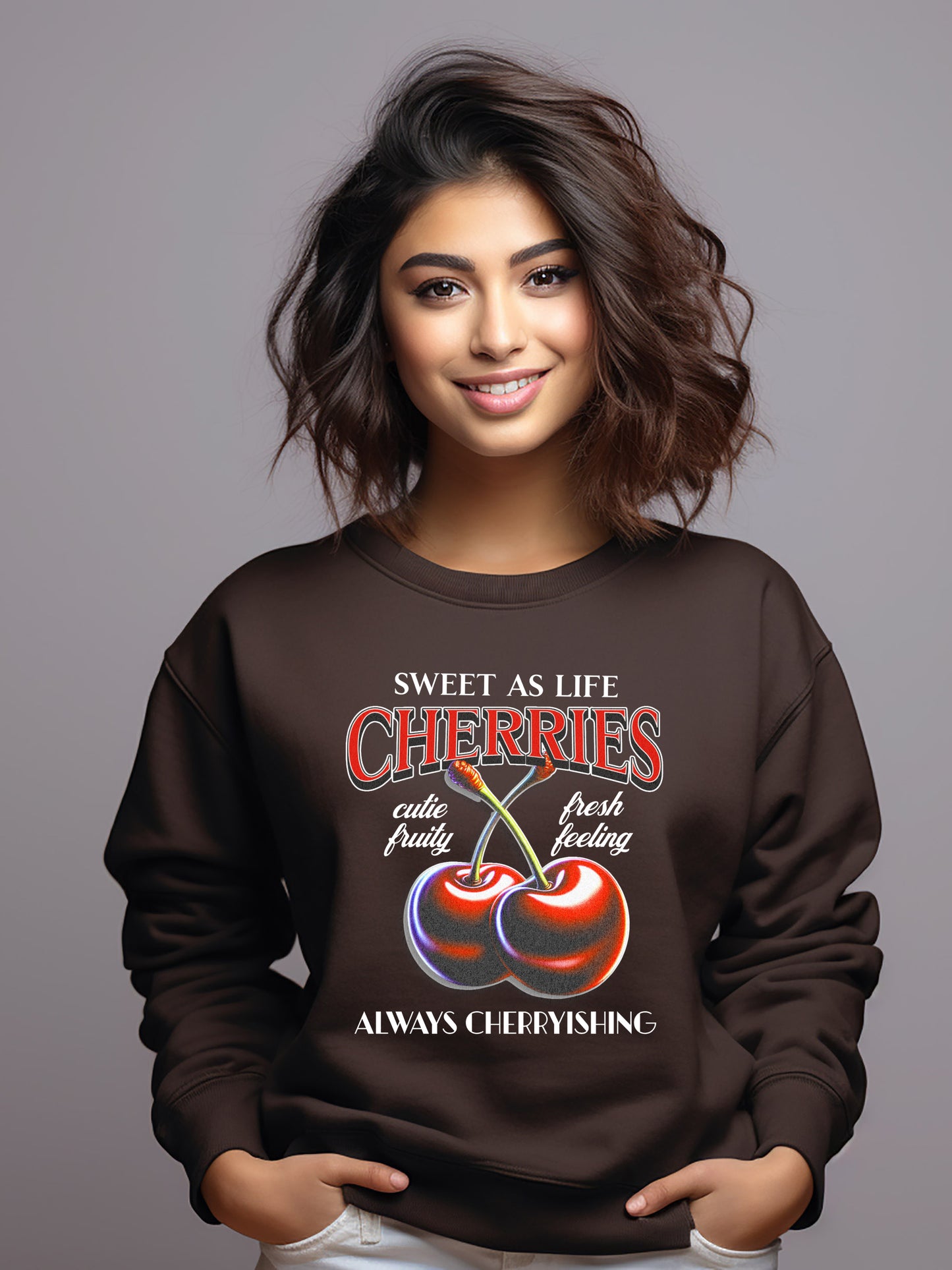 Always Cherryishing Cherries Graphic Relaxed Fit Unisex Crewneck Sweatshirt Brown - Gosh Valentine