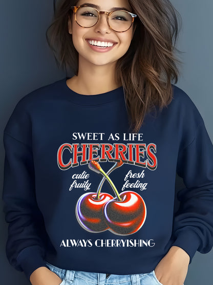 Always Cherryishing Cherries Graphic Relaxed Fit Unisex Crewneck Sweatshirt Navy - Gosh Valentine