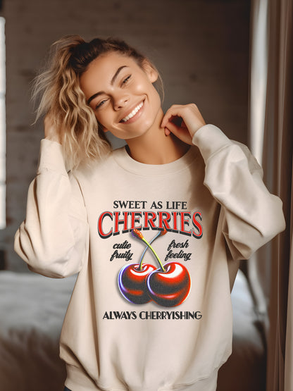 Always Cherryishing Cherries Graphic Relaxed Fit Unisex Crewneck Sweatshirt Sand - Gosh Valentine