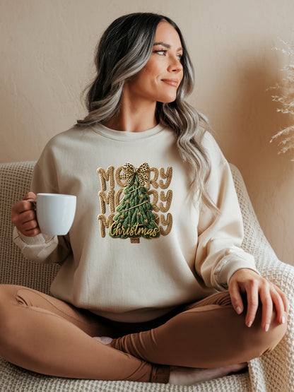 Merry Merry Merry Christmas Beige Yarn Design - Unisex Christmas Crewneck Sweater