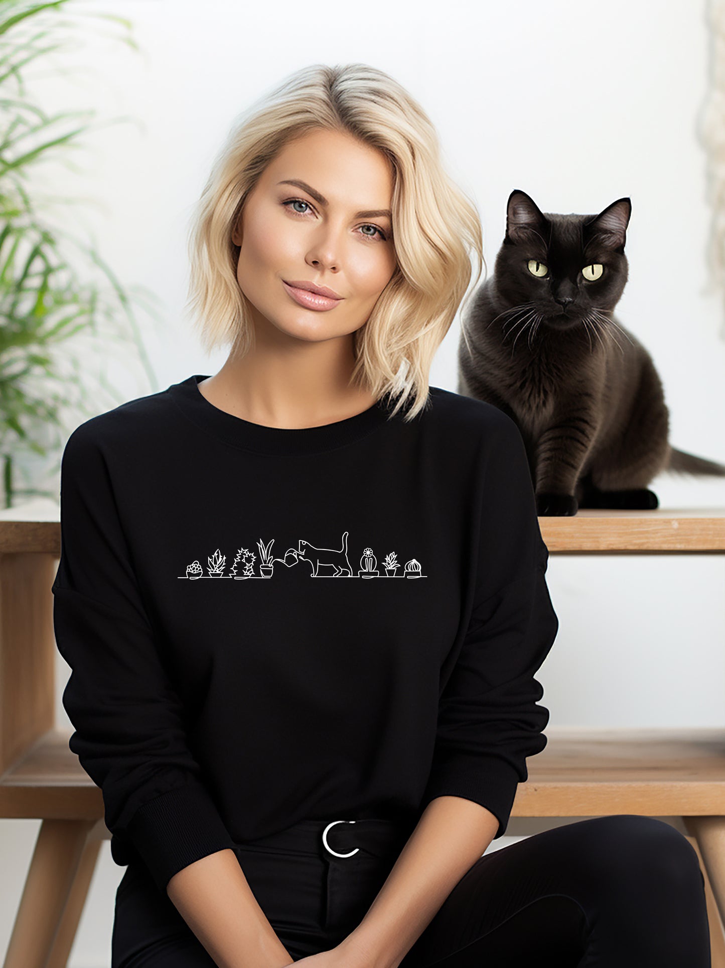 Cat Watering Plants - Crewneck Relaxed Fit Sweatshirt Black