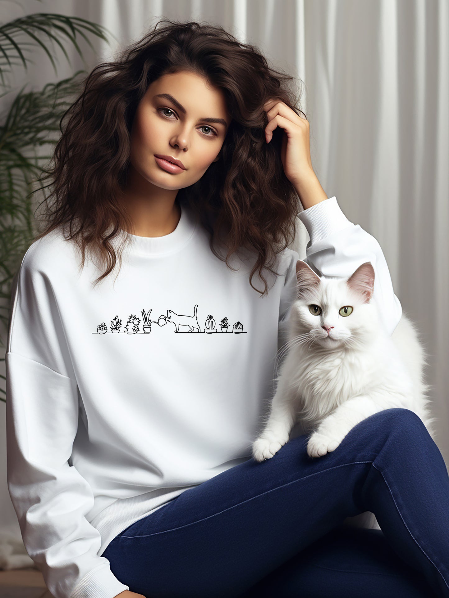 Cat Watering Plants - Crewneck Relaxed Fit Sweatshirt White