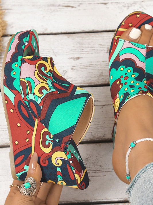 Printed Open Toe Wedge Sandals