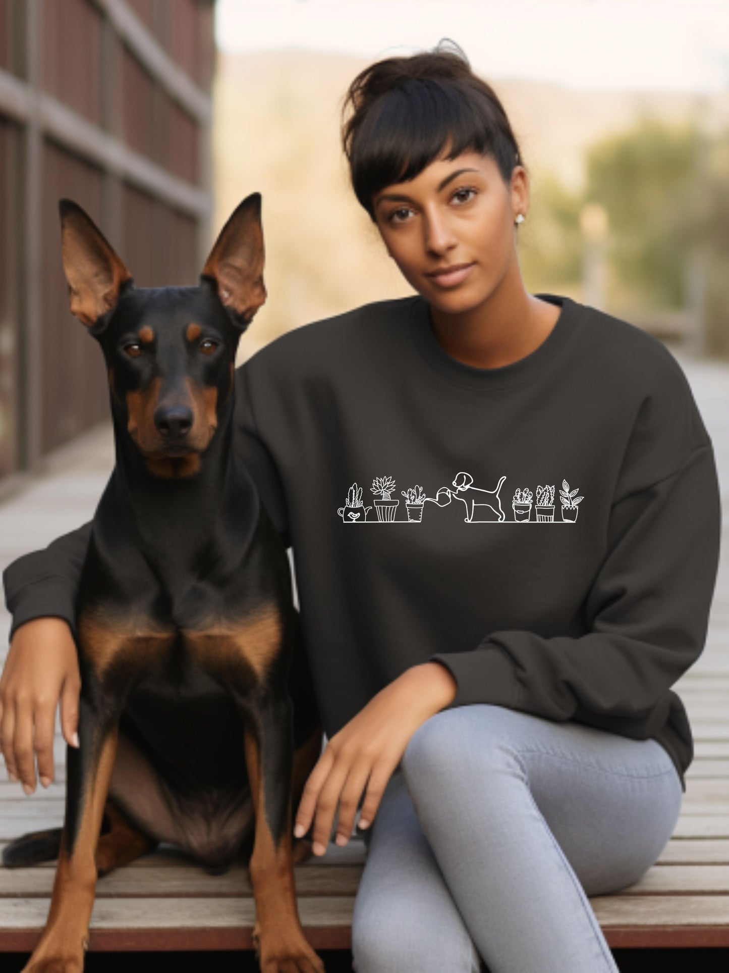 Dog Watering Plants - Crewneck Relaxed Fit Sweatshirt Black