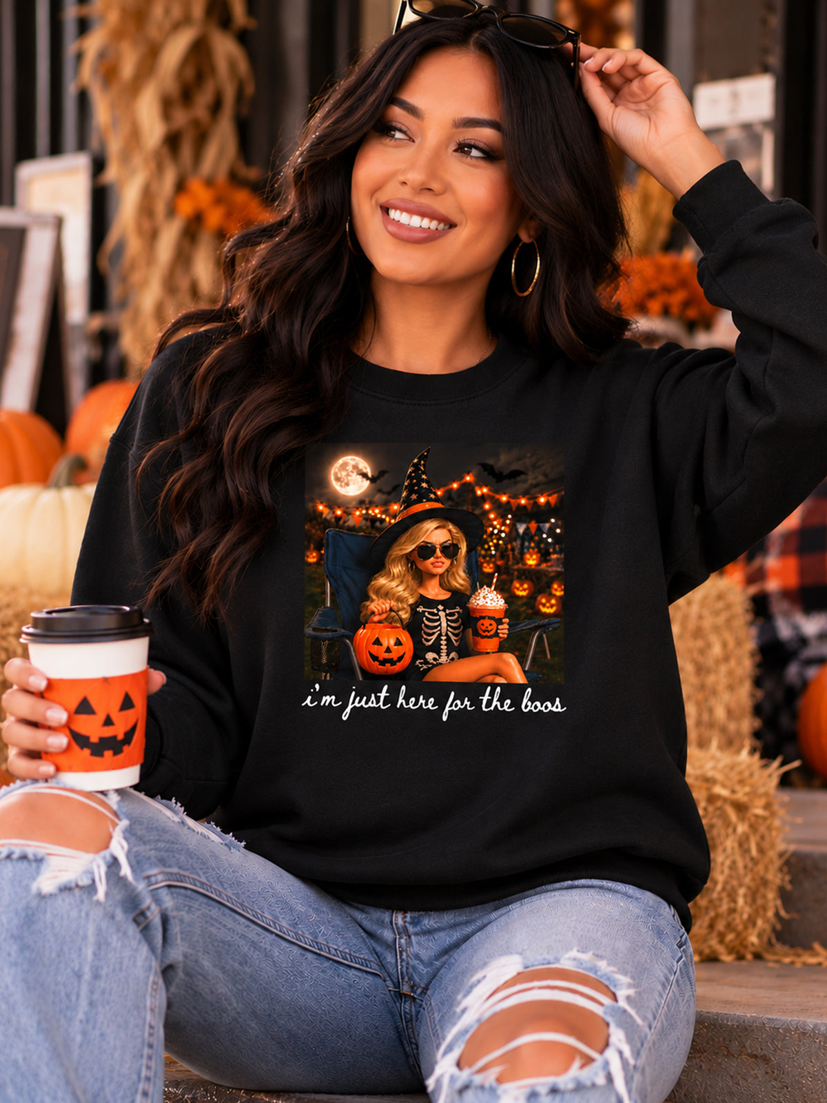 I’m Just Here for the Boos – Sassy Halloween Graphic Unisex Crewneck Sweatshirt