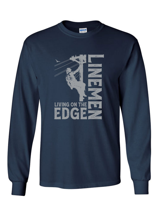 Power Lineman Shirt - Living on the Edge - Ultra Cotton Relaxed Fit Long Sleeve T-shirt - Navy