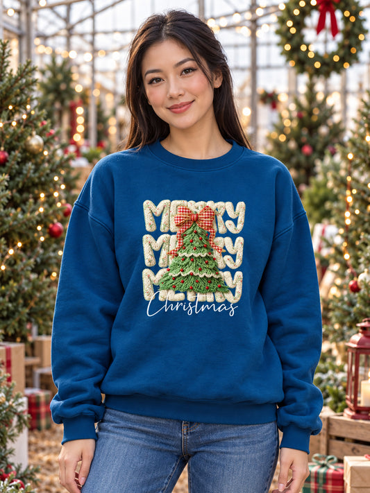 Merry Merry Merry Christmas Ivory Yarn Design - Unisex Christmas Crewneck Sweater