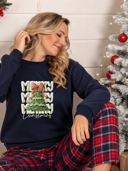 Merry Merry Merry Christmas Ivory Yarn Design - Unisex Christmas Crewneck Sweater