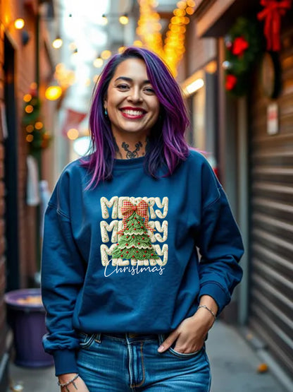 Merry Merry Merry Christmas Ivory Yarn Design - Unisex Christmas Crewneck Sweater