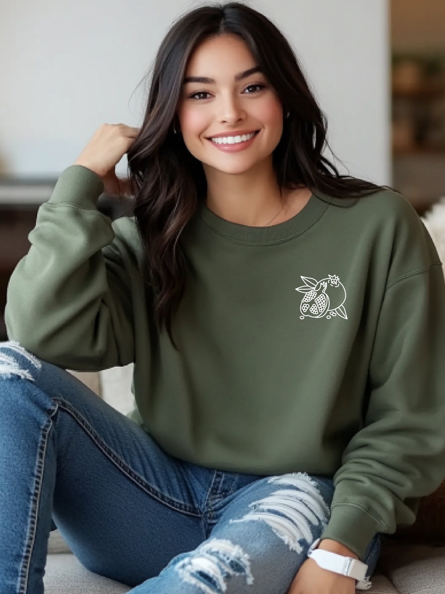 Pomegranate Queen - Unisex Crewneck Relaxed Fit Sweatshirt Sage Green