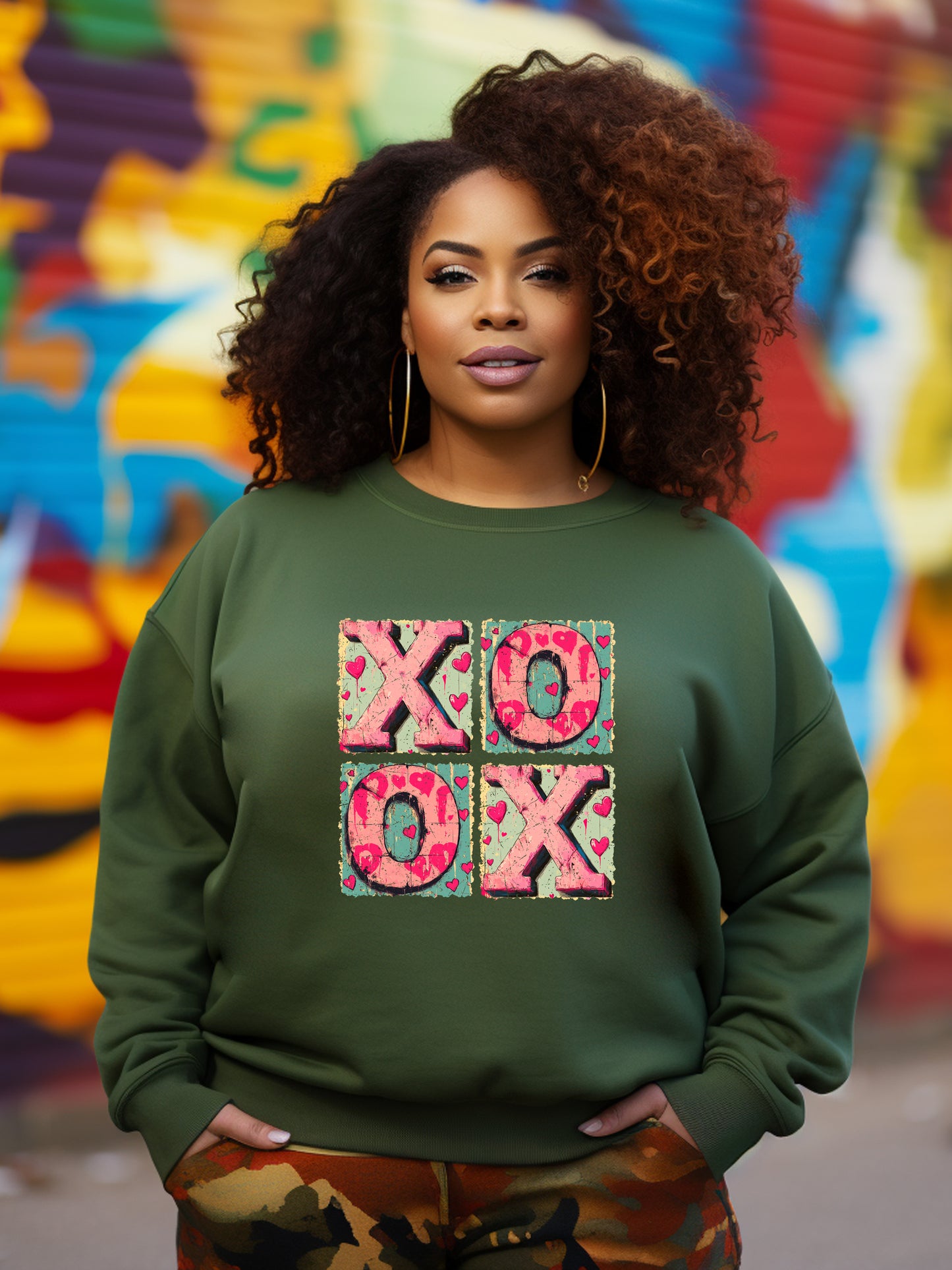 XOXO Hugs & Kisses Valentines Unisex Crewneck Sweatshirt Sweatshirt  - Military Green