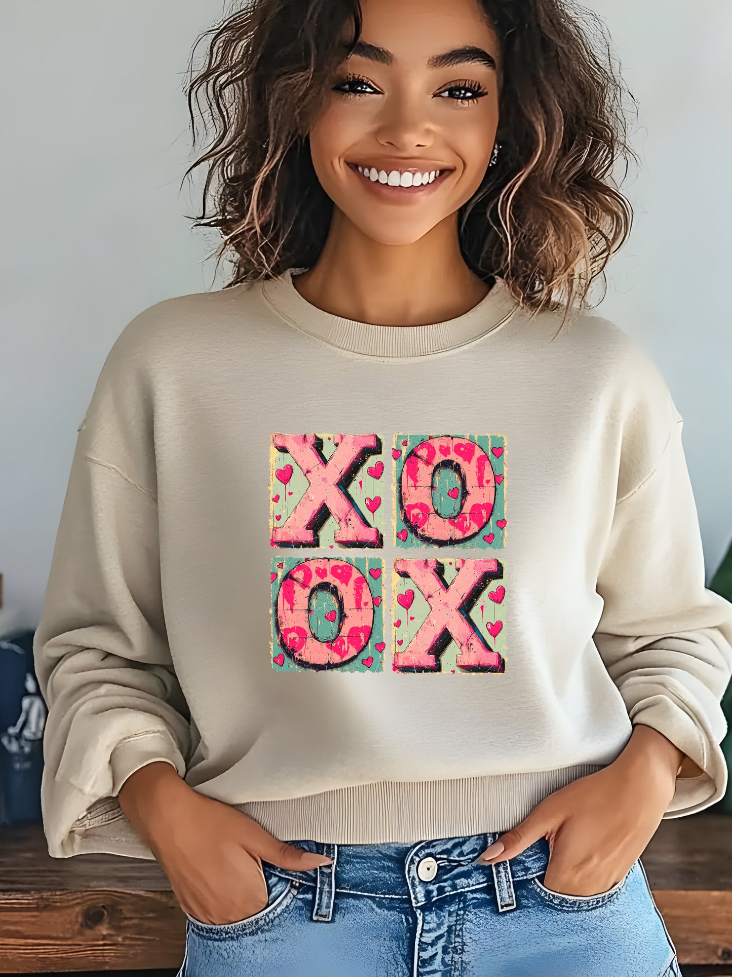 XOXO Hugs & Kisses Valentines Unisex Crewneck Sweatshirt - Sand