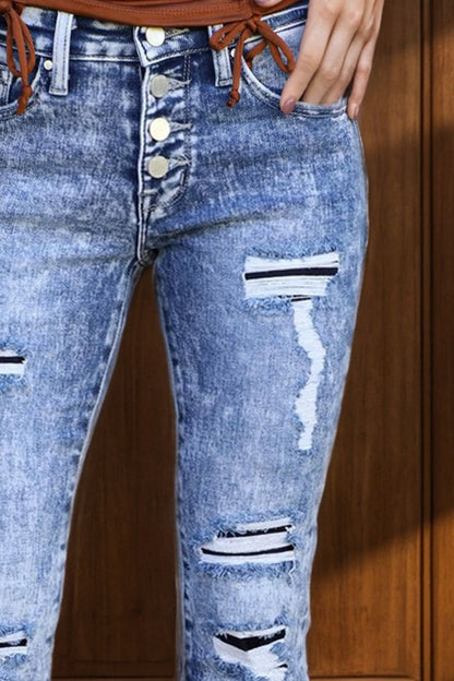 Distressed Button-Fly Acid Wash Style Bootcut Jeans with Pockets
