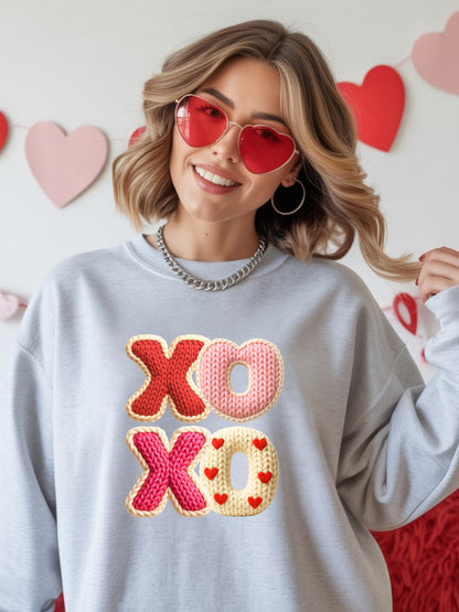 XOXO Hugs & Kisses Yarn Look Valentines Unisex Crewneck Sweatshirt Sweatshirt