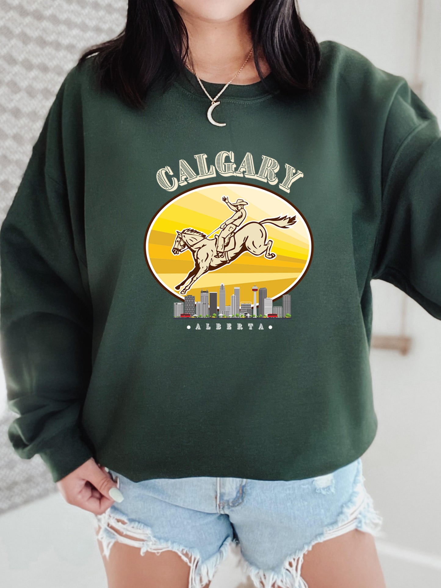 Calgary Cityscape - Crewneck Rlaxed Fit Sweatshirt Forest Green